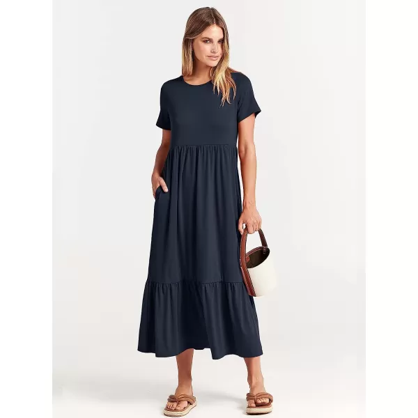 imageANRABESS Womens Summer Casual Short Sleeve Crewneck Swing Dress Casual Flowy Tiered Maxi Beach Dress with PocketsNavy Blue