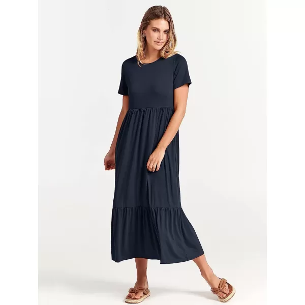 imageANRABESS Womens Summer Casual Short Sleeve Crewneck Swing Dress Casual Flowy Tiered Maxi Beach Dress with PocketsNavy Blue