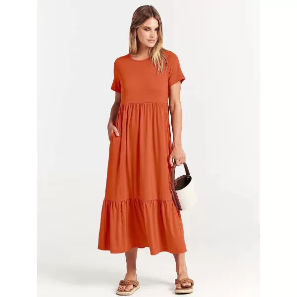 imageANRABESS Womens Summer Casual Short Sleeve Crewneck Swing Dress Casual Flowy Tiered Maxi Beach Dress with PocketsOrange