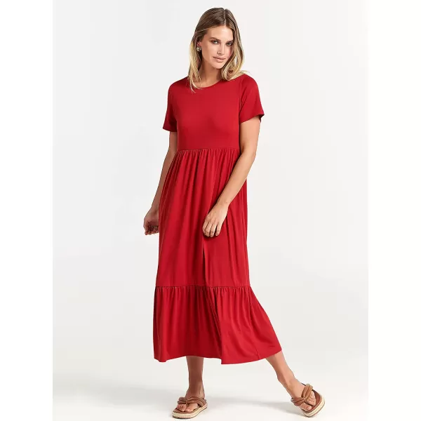 imageANRABESS Womens Summer Casual Short Sleeve Crewneck Swing Dress Casual Flowy Tiered Maxi Beach Dress with PocketsRed