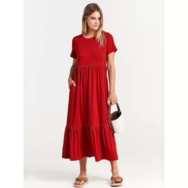 imageANRABESS Womens Summer Casual Short Sleeve Crewneck Swing Dress Casual Flowy Tiered Maxi Beach Dress with PocketsRed