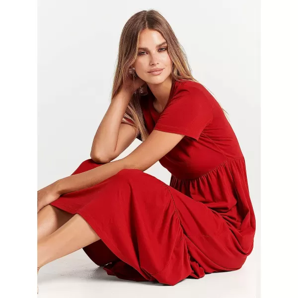 imageANRABESS Womens Summer Casual Short Sleeve Crewneck Swing Dress Casual Flowy Tiered Maxi Beach Dress with PocketsRed