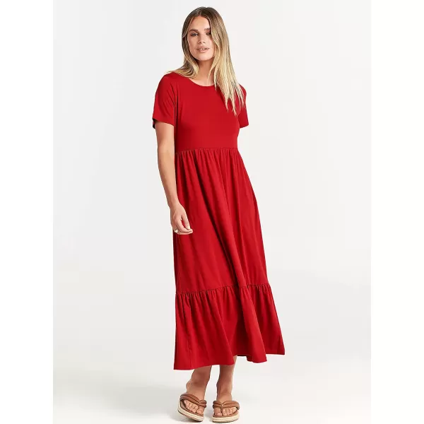 imageANRABESS Womens Summer Casual Short Sleeve Crewneck Swing Dress Casual Flowy Tiered Maxi Beach Dress with PocketsRed