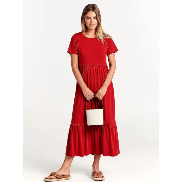 imageANRABESS Womens Summer Casual Short Sleeve Crewneck Swing Dress Casual Flowy Tiered Maxi Beach Dress with PocketsRed