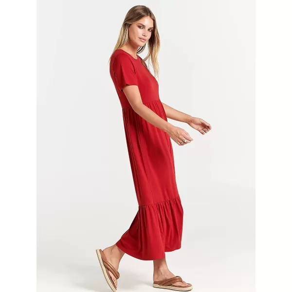 imageANRABESS Womens Summer Casual Short Sleeve Crewneck Swing Dress Casual Flowy Tiered Maxi Beach Dress with PocketsRed