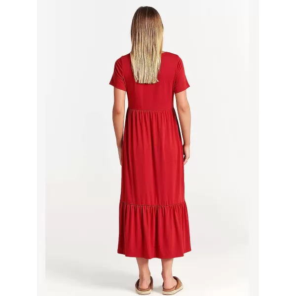 imageANRABESS Womens Summer Casual Short Sleeve Crewneck Swing Dress Casual Flowy Tiered Maxi Beach Dress with PocketsRed