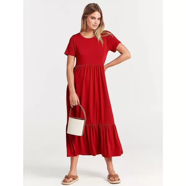 imageANRABESS Womens Summer Casual Short Sleeve Crewneck Swing Dress Casual Flowy Tiered Maxi Beach Dress with PocketsRed