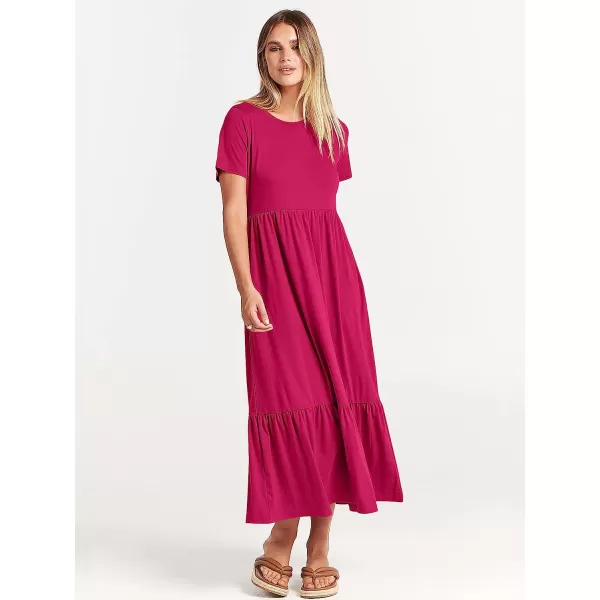 imageANRABESS Womens Summer Casual Short Sleeve Crewneck Swing Dress Casual Flowy Tiered Maxi Beach Dress with PocketsRose