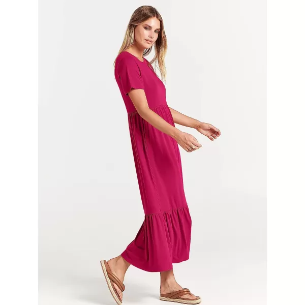 imageANRABESS Womens Summer Casual Short Sleeve Crewneck Swing Dress Casual Flowy Tiered Maxi Beach Dress with PocketsRose