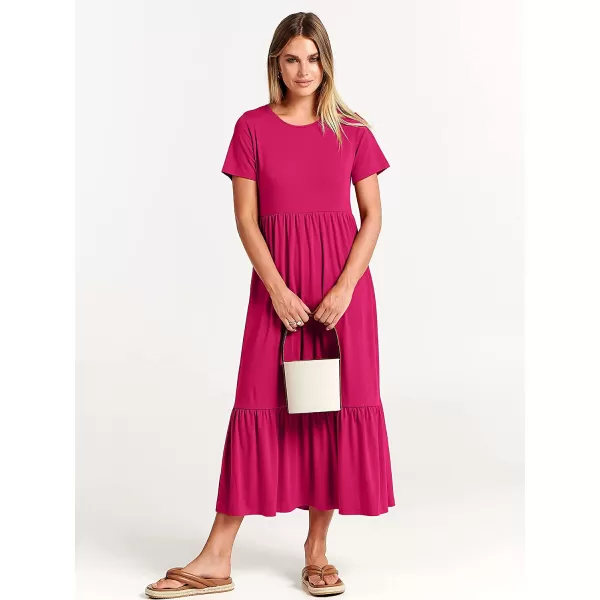 imageANRABESS Womens Summer Casual Short Sleeve Crewneck Swing Dress Casual Flowy Tiered Maxi Beach Dress with PocketsRose