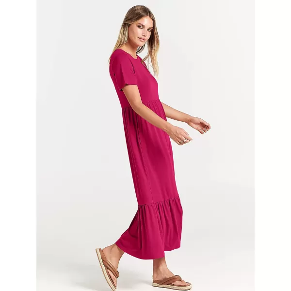 imageANRABESS Womens Summer Casual Short Sleeve Crewneck Swing Dress Casual Flowy Tiered Maxi Beach Dress with PocketsRose