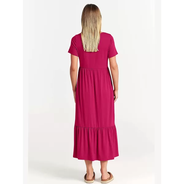 imageANRABESS Womens Summer Casual Short Sleeve Crewneck Swing Dress Casual Flowy Tiered Maxi Beach Dress with PocketsRose