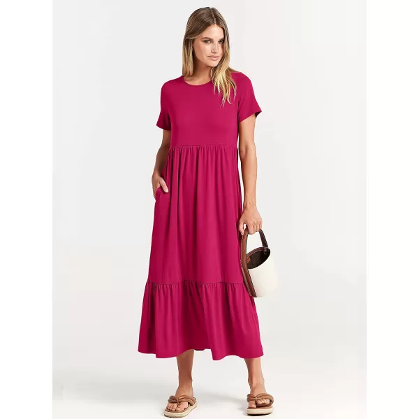 imageANRABESS Womens Summer Casual Short Sleeve Crewneck Swing Dress Casual Flowy Tiered Maxi Beach Dress with PocketsRose