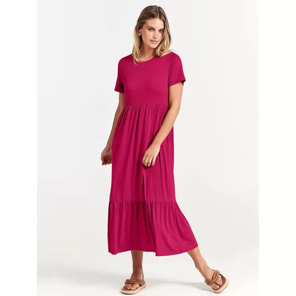 imageANRABESS Womens Summer Casual Short Sleeve Crewneck Swing Dress Casual Flowy Tiered Maxi Beach Dress with PocketsRose