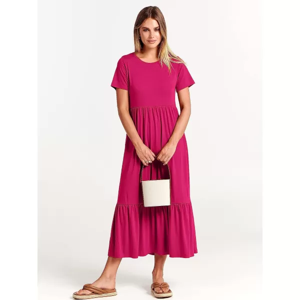 imageANRABESS Womens Summer Casual Short Sleeve Crewneck Swing Dress Casual Flowy Tiered Maxi Beach Dress with PocketsRose
