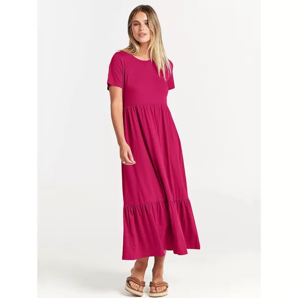 imageANRABESS Womens Summer Casual Short Sleeve Crewneck Swing Dress Casual Flowy Tiered Maxi Beach Dress with PocketsRose
