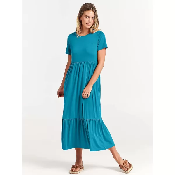imageANRABESS Womens Summer Casual Short Sleeve Crewneck Swing Dress Casual Flowy Tiered Maxi Beach Dress with PocketsSky Blue