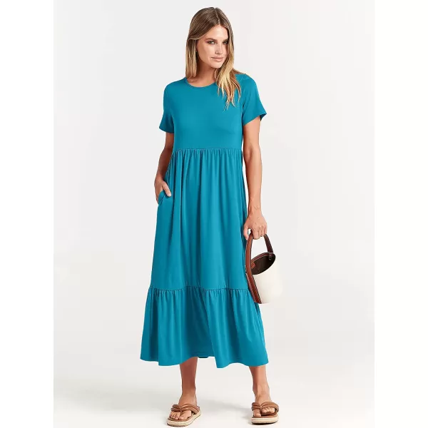 imageANRABESS Womens Summer Casual Short Sleeve Crewneck Swing Dress Casual Flowy Tiered Maxi Beach Dress with PocketsSky Blue