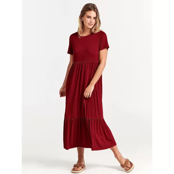 imageANRABESS Womens Summer Casual Short Sleeve Crewneck Swing Dress Casual Flowy Tiered Maxi Beach Dress with PocketsWine Red