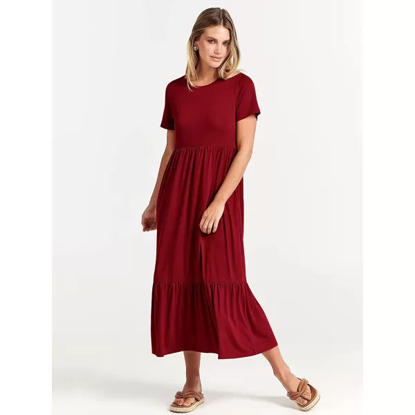 imageANRABESS Womens Summer Casual Short Sleeve Crewneck Swing Dress Casual Flowy Tiered Maxi Beach Dress with PocketsWine Red