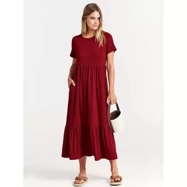 imageANRABESS Womens Summer Casual Short Sleeve Crewneck Swing Dress Casual Flowy Tiered Maxi Beach Dress with PocketsWine Red
