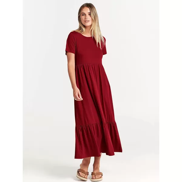 imageANRABESS Womens Summer Casual Short Sleeve Crewneck Swing Dress Casual Flowy Tiered Maxi Beach Dress with PocketsWine Red