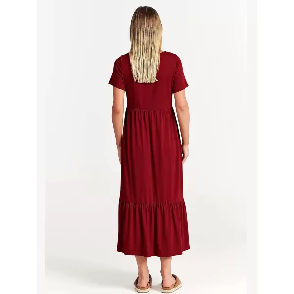 imageANRABESS Womens Summer Casual Short Sleeve Crewneck Swing Dress Casual Flowy Tiered Maxi Beach Dress with PocketsWine Red