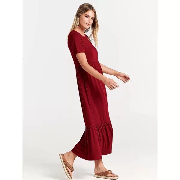 imageANRABESS Womens Summer Casual Short Sleeve Crewneck Swing Dress Casual Flowy Tiered Maxi Beach Dress with PocketsWine Red