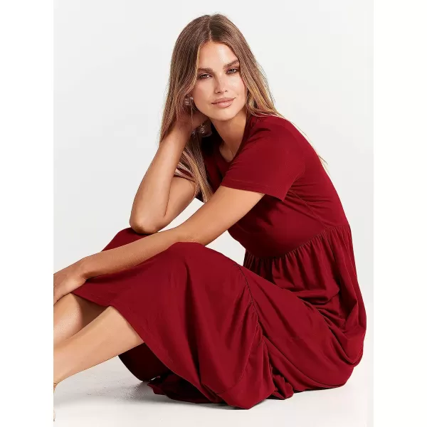 imageANRABESS Womens Summer Casual Short Sleeve Crewneck Swing Dress Casual Flowy Tiered Maxi Beach Dress with PocketsWine Red
