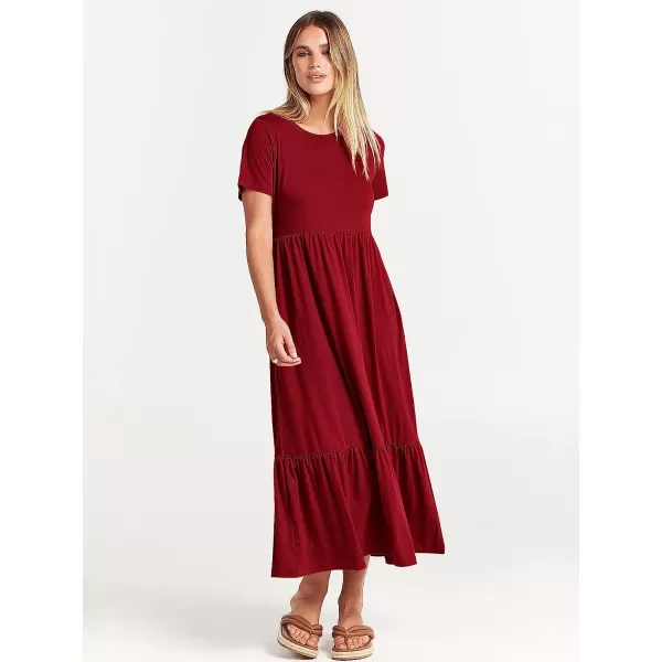imageANRABESS Womens Summer Casual Short Sleeve Crewneck Swing Dress Casual Flowy Tiered Maxi Beach Dress with PocketsWine Red