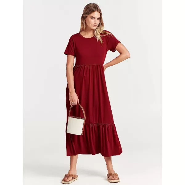 imageANRABESS Womens Summer Casual Short Sleeve Crewneck Swing Dress Casual Flowy Tiered Maxi Beach Dress with PocketsWine Red