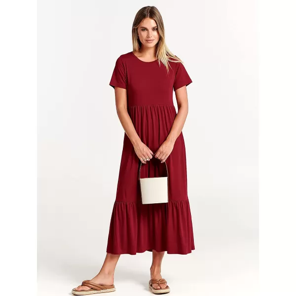 imageANRABESS Womens Summer Casual Short Sleeve Crewneck Swing Dress Casual Flowy Tiered Maxi Beach Dress with PocketsWine Red