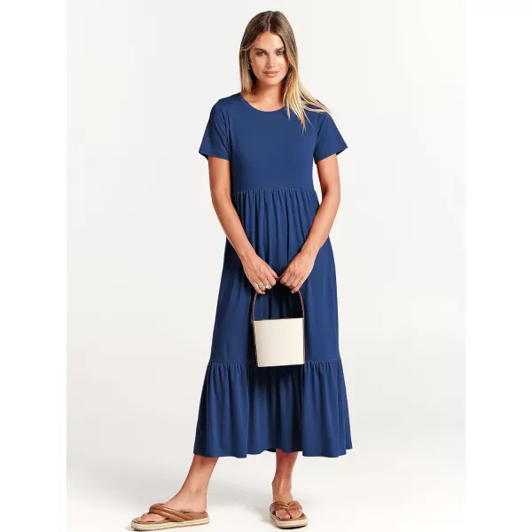 imageANRABESS Womens Summer Casual Short Sleeve Crewneck Swing Dress Flowy Tiered Maxi Beach Dress with PocketsBlue