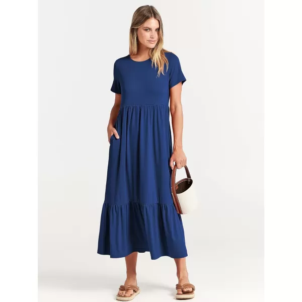 imageANRABESS Womens Summer Casual Short Sleeve Crewneck Swing Dress Flowy Tiered Maxi Beach Dress with PocketsBlue