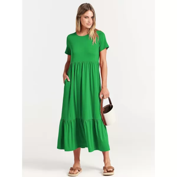 imageANRABESS Womens Summer Casual Short Sleeve Crewneck Swing Dress Flowy Tiered Maxi Beach Dress with PocketsForest