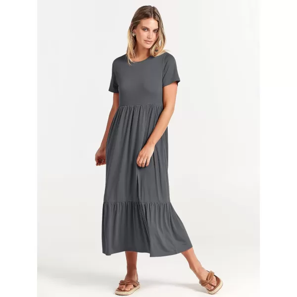 imageANRABESS Womens Summer Casual Short Sleeve Crewneck Swing Dress Flowy Tiered Maxi Beach Dress with PocketsGray Blue