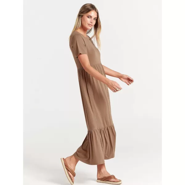 imageANRABESS Womens Summer Casual Short Sleeve Crewneck Swing Dress Flowy Tiered Maxi Beach Dress with PocketsKhaki