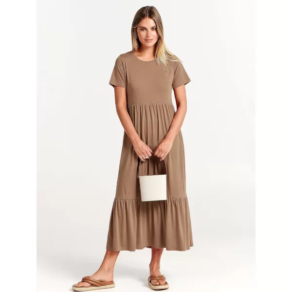 imageANRABESS Womens Summer Casual Short Sleeve Crewneck Swing Dress Flowy Tiered Maxi Beach Dress with PocketsKhaki