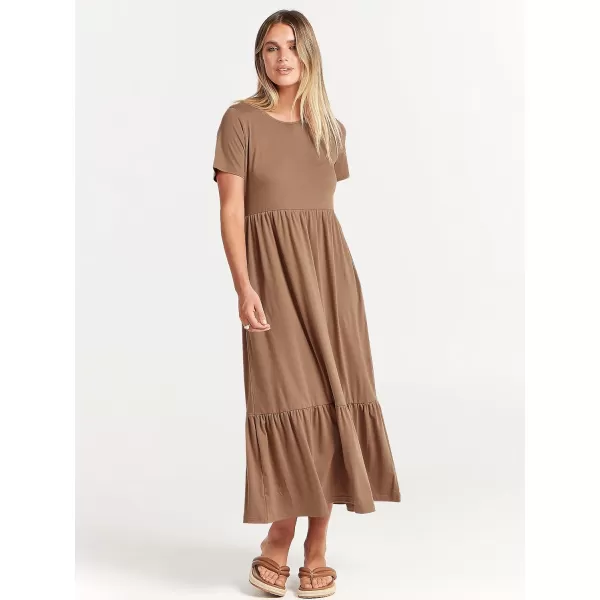 imageANRABESS Womens Summer Casual Short Sleeve Crewneck Swing Dress Flowy Tiered Maxi Beach Dress with PocketsKhaki