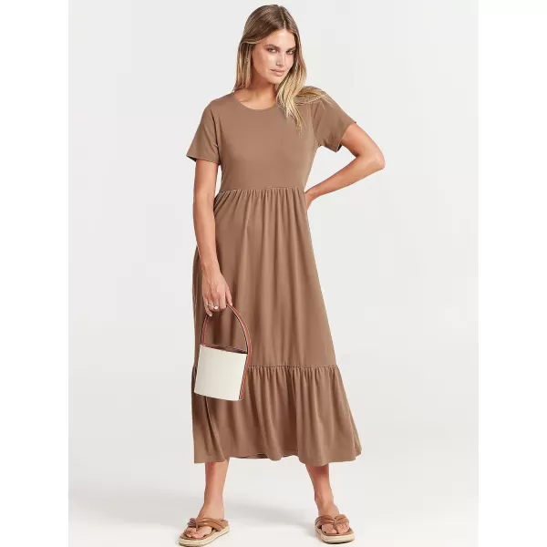 imageANRABESS Womens Summer Casual Short Sleeve Crewneck Swing Dress Flowy Tiered Maxi Beach Dress with PocketsKhaki