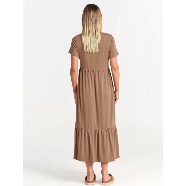 imageANRABESS Womens Summer Casual Short Sleeve Crewneck Swing Dress Flowy Tiered Maxi Beach Dress with PocketsKhaki