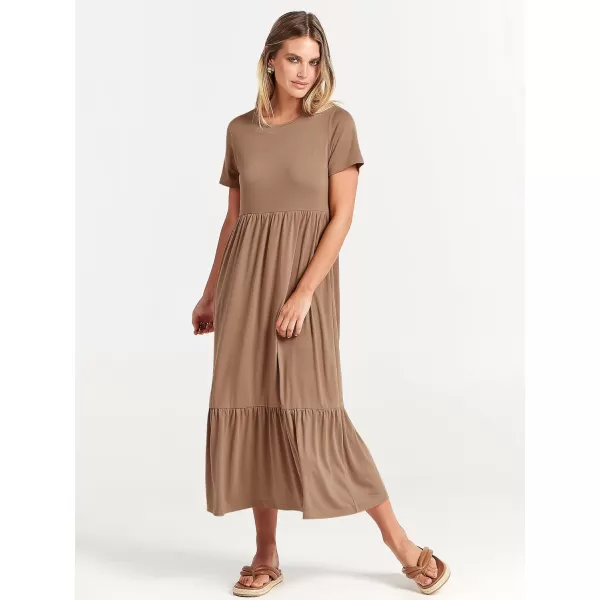 imageANRABESS Womens Summer Casual Short Sleeve Crewneck Swing Dress Flowy Tiered Maxi Beach Dress with PocketsKhaki