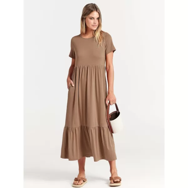 imageANRABESS Womens Summer Casual Short Sleeve Crewneck Swing Dress Flowy Tiered Maxi Beach Dress with PocketsKhaki