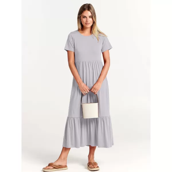 imageANRABESS Womens Summer Casual Short Sleeve Crewneck Swing Dress Flowy Tiered Maxi Beach Dress with PocketsLight Gray