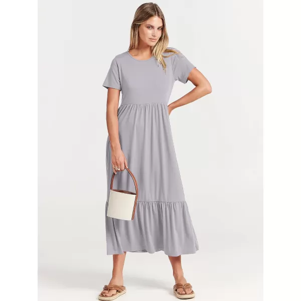 imageANRABESS Womens Summer Casual Short Sleeve Crewneck Swing Dress Flowy Tiered Maxi Beach Dress with PocketsLight Gray