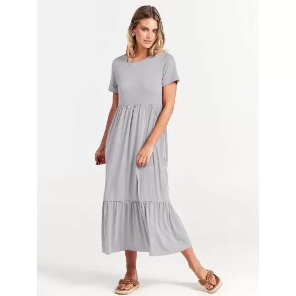 imageANRABESS Womens Summer Casual Short Sleeve Crewneck Swing Dress Flowy Tiered Maxi Beach Dress with PocketsLight Gray