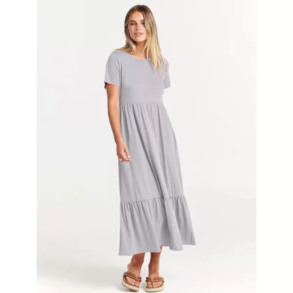 imageANRABESS Womens Summer Casual Short Sleeve Crewneck Swing Dress Flowy Tiered Maxi Beach Dress with PocketsLight Gray