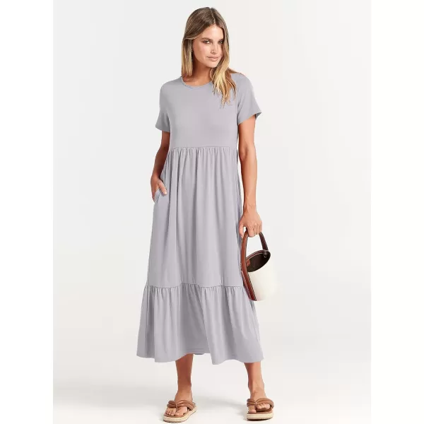 imageANRABESS Womens Summer Casual Short Sleeve Crewneck Swing Dress Flowy Tiered Maxi Beach Dress with PocketsLight Gray