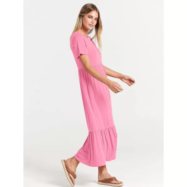 imageANRABESS Womens Summer Casual Short Sleeve Crewneck Swing Dress Flowy Tiered Maxi Beach Dress with PocketsPink