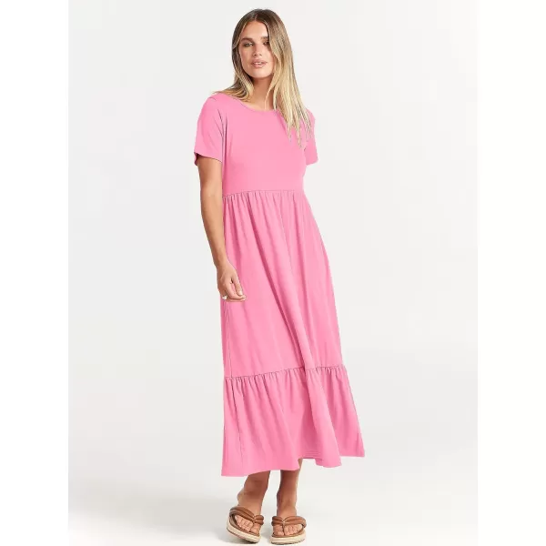 imageANRABESS Womens Summer Casual Short Sleeve Crewneck Swing Dress Flowy Tiered Maxi Beach Dress with PocketsPink